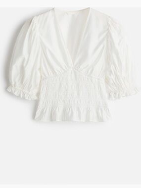 H&M White Smocked V-Neck Puff Sleeve Blouse
